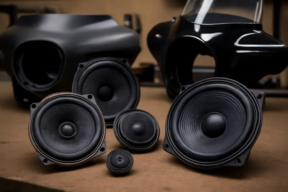Diverse motorcycle fairing speakers including 5.25-inch and 6.5-inch sizes emphasizing design differences and mounting compatibility.