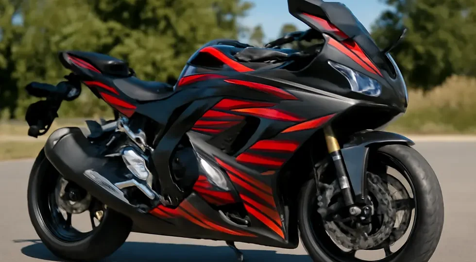 A sport motorcycle showcasing a high-quality, glossy fairing wrap, highlighting style and protective benefits.