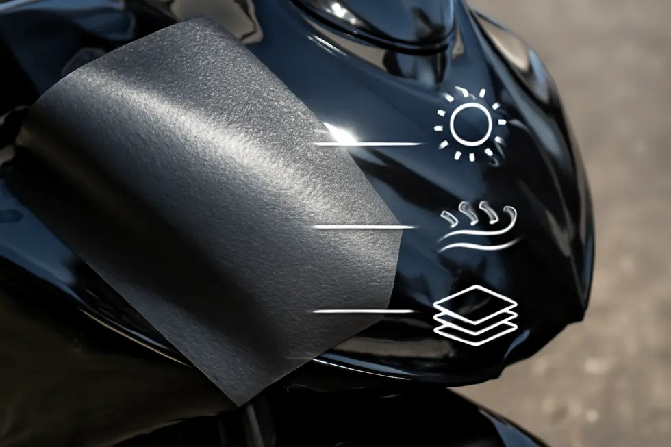 High-quality vinyl wrap material applied to a motorcycle fairing illustrating texture and protective features.