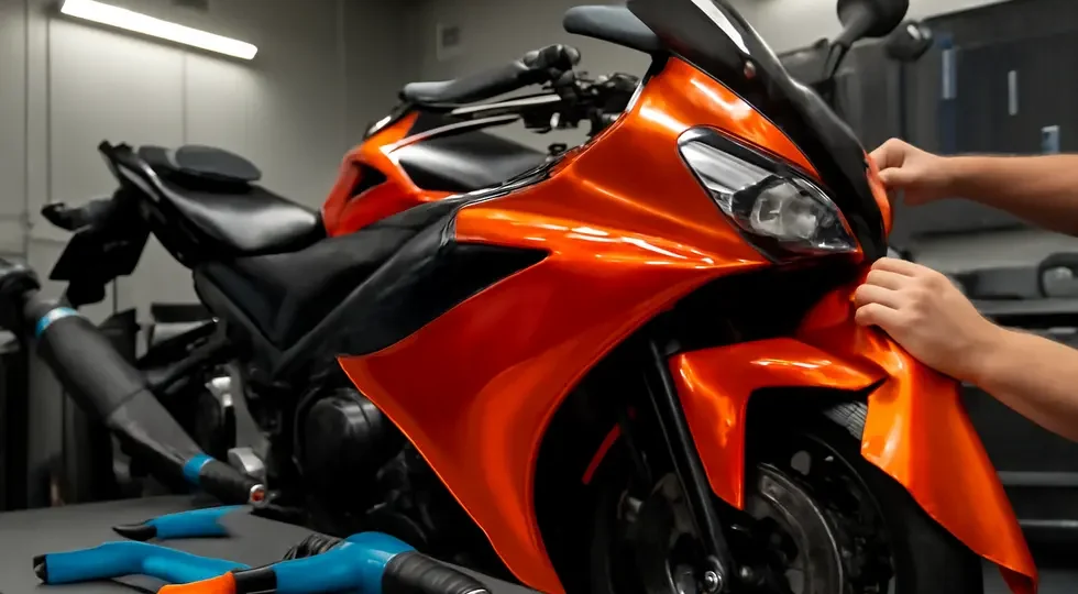 A professional motorcycle receiving a vinyl wrap, showcasing the skill and detail required for flawless fairing customization.