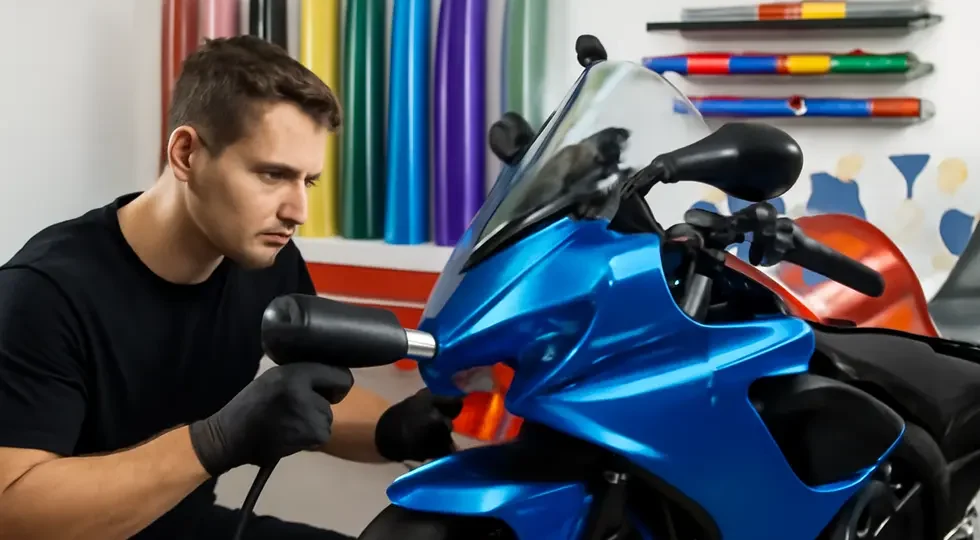 Professional motorcycle fairing wrapping in progress demonstrating expert surface preparation, precise application, and quality tools in a dedicated workshop.