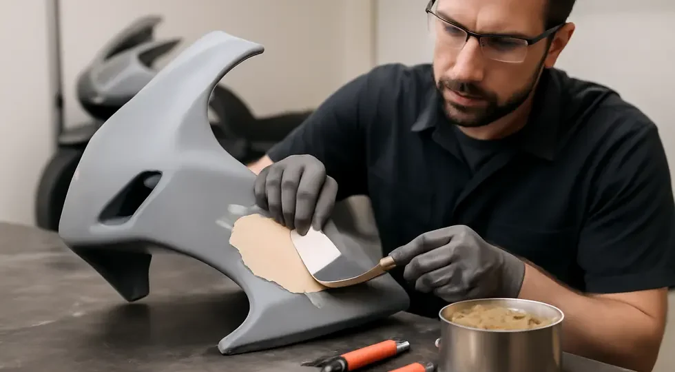 Technician applying body filler on a motorcycle fairing panel in a professional repair environment.