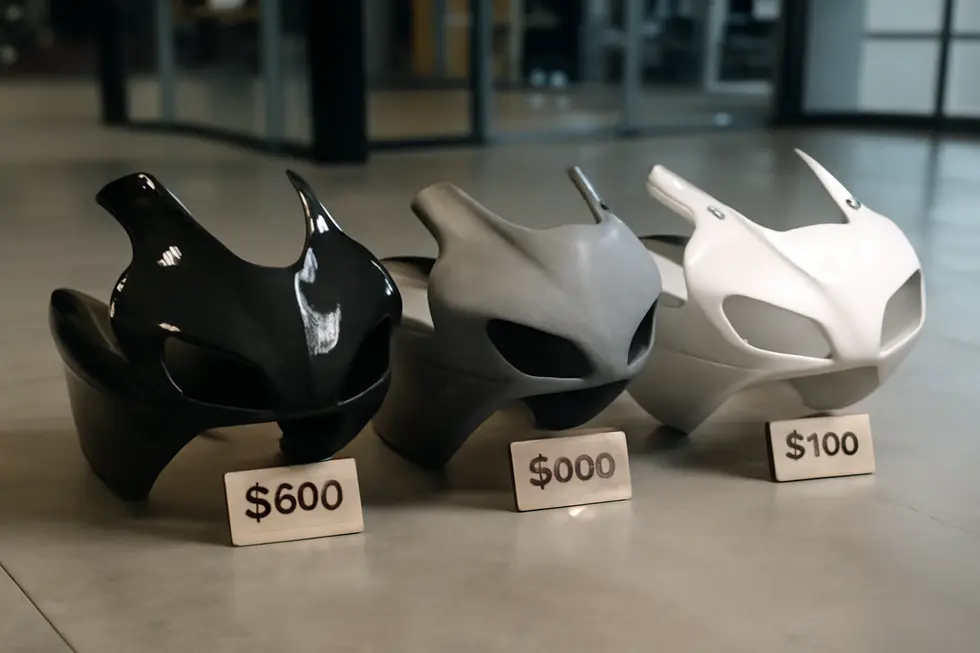 Comparing motorcycle fairings made from carbon fiber, fiberglass, and OEM-style plastics, illustrating their distinct price ranges.