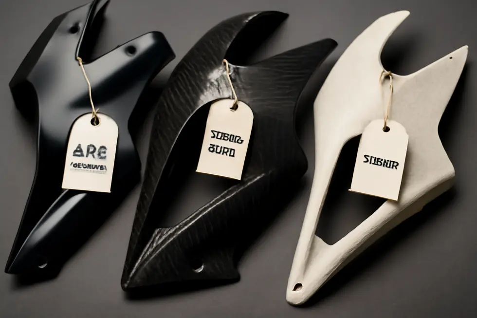 Different materials and types of motorcycle fairings with price indicators highlight cost impact.