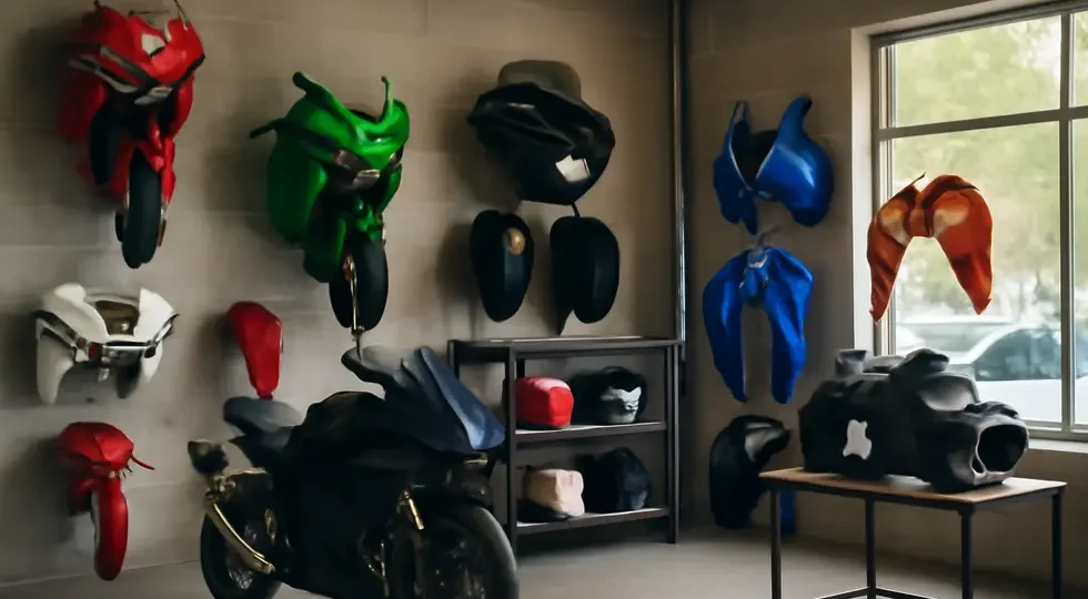 Motorcycle fairings displayed in a workshop showing material, model, and brand variety affecting pricing.