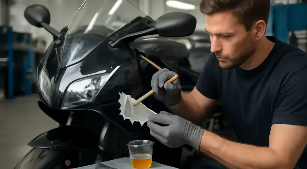 Professional repair of a cracked motorcycle fiberglass fairing highlighting precision and expert technique.