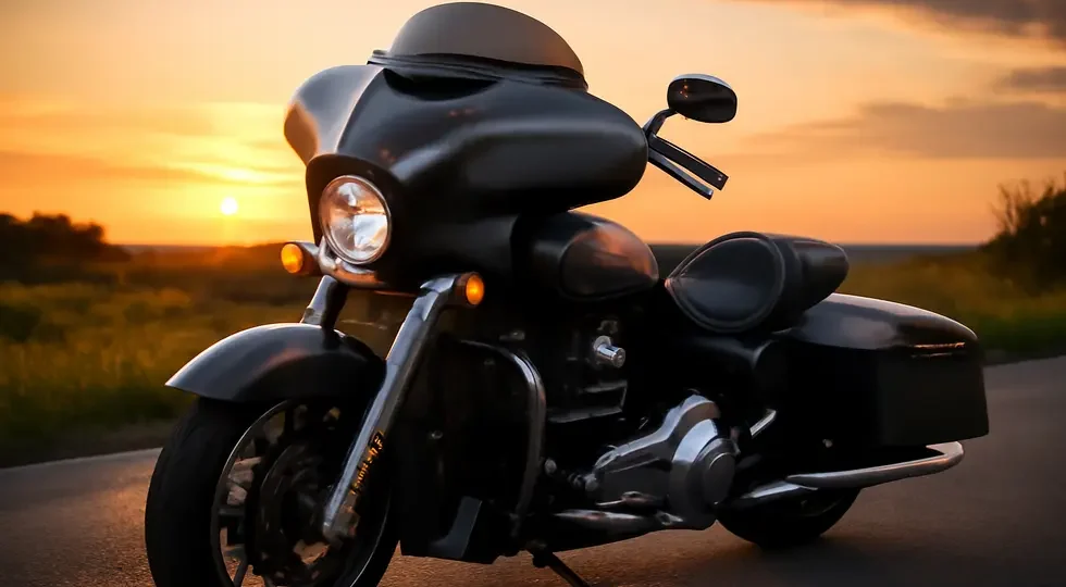 Cruiser motorcycle with a premium aftermarket batwing fairing showcasing style and protection at sunset.