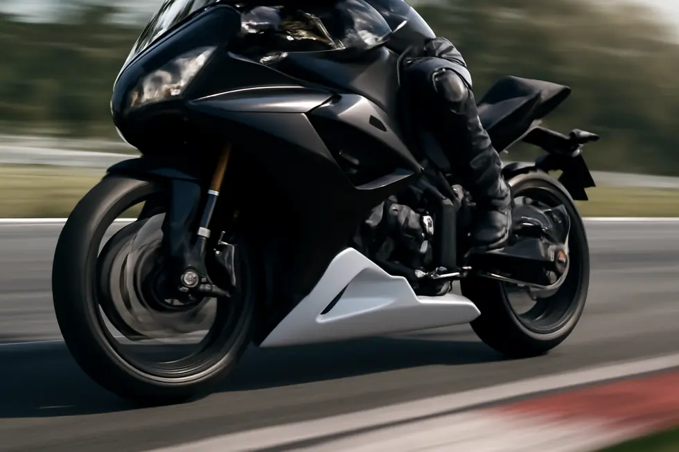 A sport motorcycle featuring a contoured belly fairing designed to optimize airflow and enhance stability at high speeds.