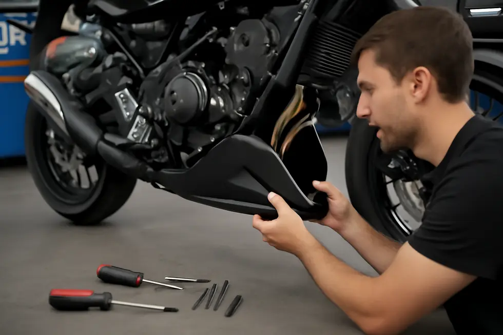 A sport motorcycle featuring a contoured belly fairing designed to optimize airflow and enhance stability at high speeds.
