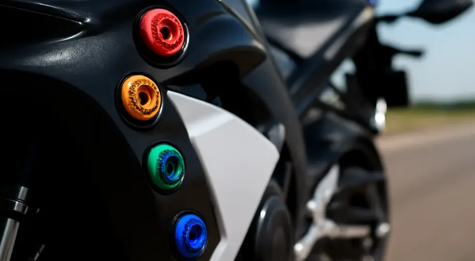 Vibrant anodized aluminum bolts securing motorcycle fairings, highlighting durability and style with a sportbike background.