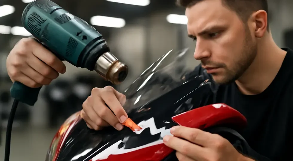Professional decal removal from a motorcycle fairing using heat and gentle mechanical tools.