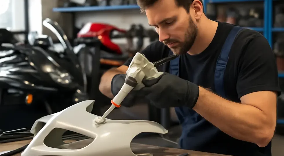 Professional application of flexible two-part epoxy resin on motorcycle fairings in a repair workshop.