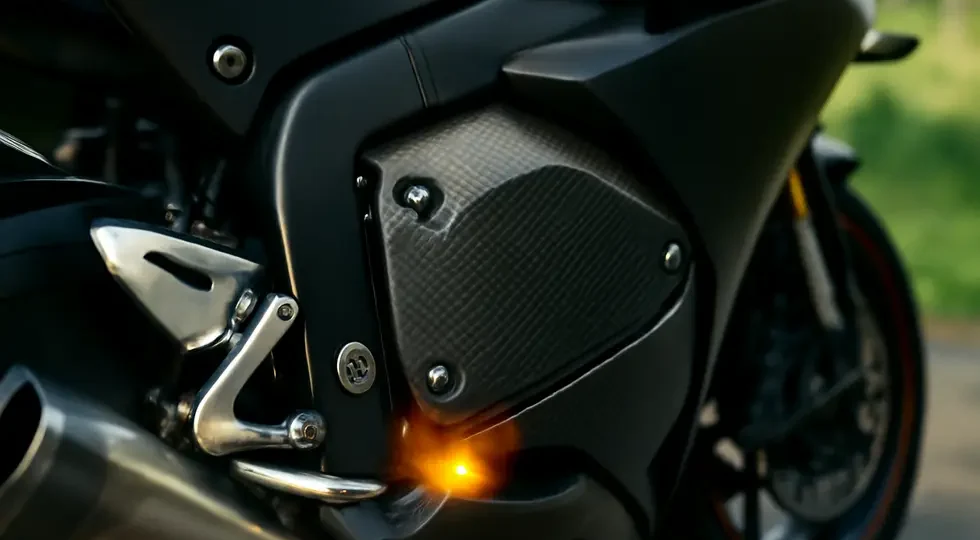 Close-up of a motorcycle fairing heat shield highlighting design, materials, and heat protection function.