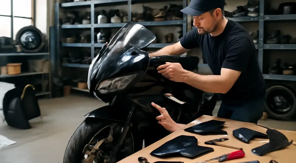 A technician meticulously fitting new fairings onto a motorcycle in a well-equipped workshop environment.