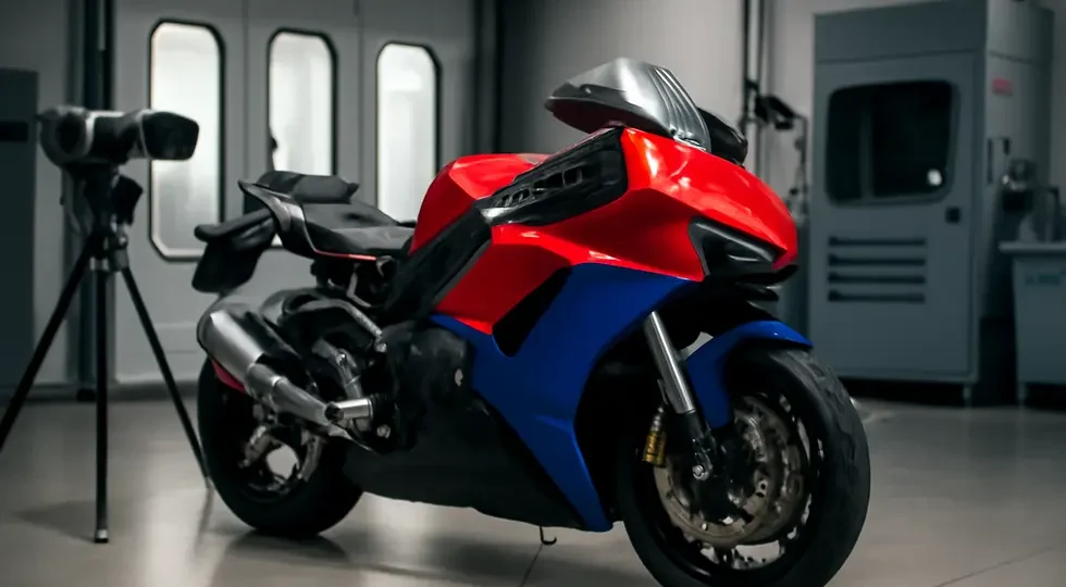 Custom motorcycle with a professionally designed and finished fairing showcased in a high-tech manufacturing setting.