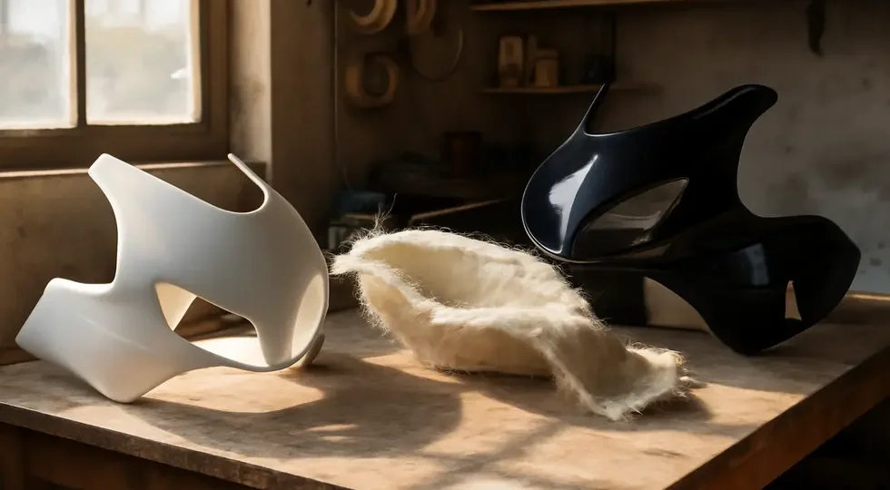 Comprehensive view of the motorcycle fairing mold-making process, highlighting design, layup, and finished molds in a workshop.