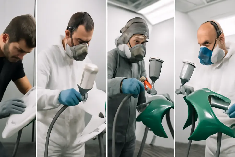 Showcase of various urethane and high-temperature paints used for motorcycle fairings in a workshop environment.