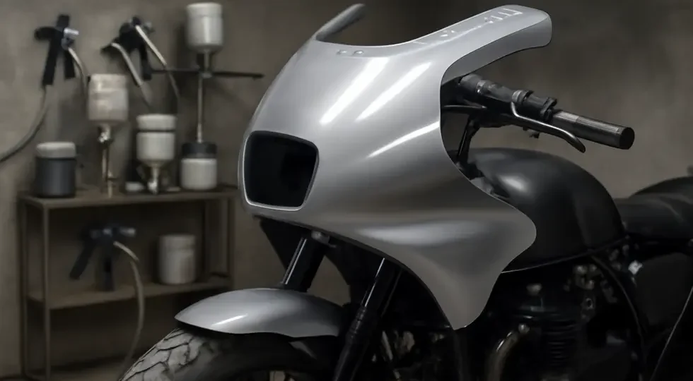 A freshly primed and painted motorcycle fairing showcasing professional-grade finish and durability.