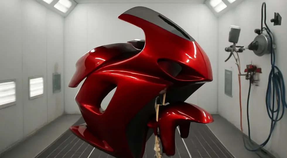 A professional motorcycle fairing mid-painting process, reflecting optimal techniques and care in a clean booth environment.