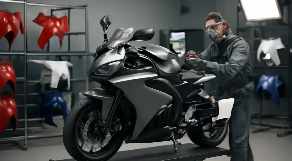 A professional motorcycle workshop showcasing painted fairings and the painting process, reflecting the art and cost behind motorcycle fairing customization.