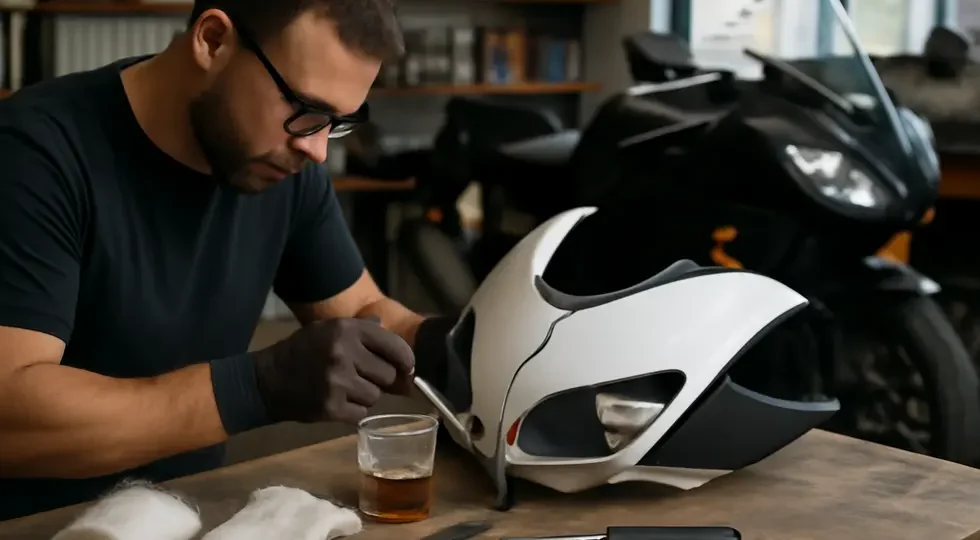 Technician repairing a cracked motorcycle fairing in a well-equipped workshop.