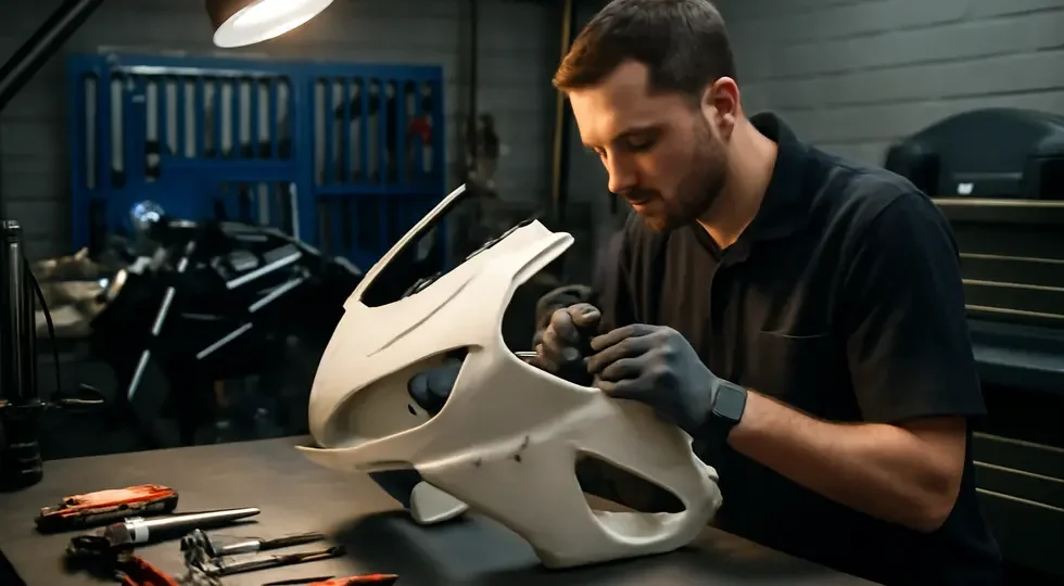 A professional technician skillfully repairing a motorcycle fairing in a well-equipped workshop, reflecting accurate and detailed repair work.