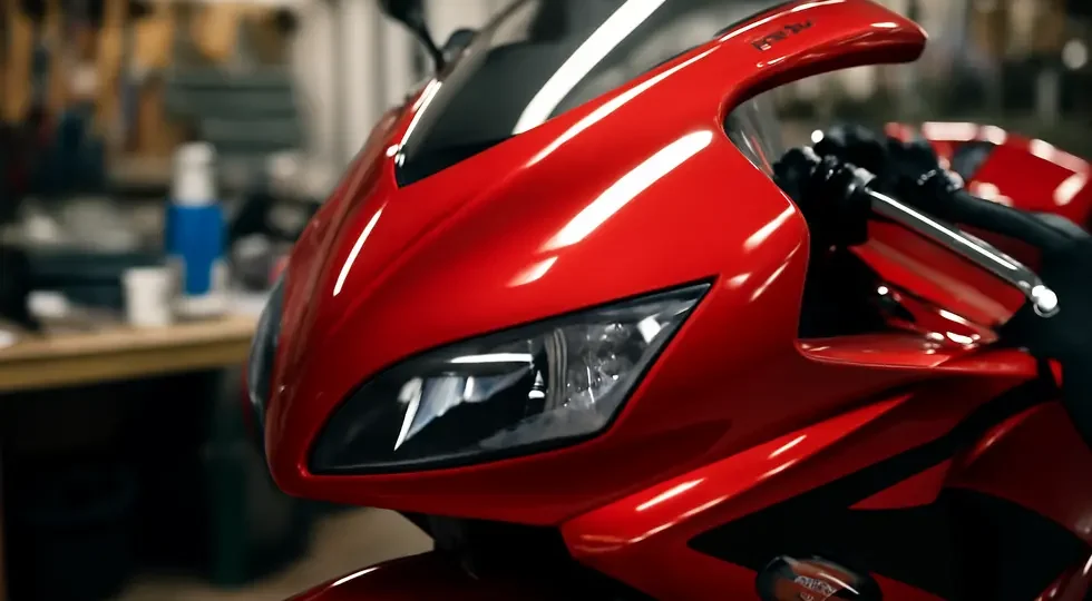 A pristine motorcycle fairing showcasing a smooth, scratch-free finish in a professional repair setting.
