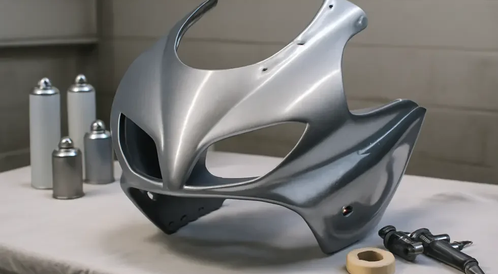 A glossy motorcycle fairing freshly painted with spray cans in a clean workshop setting.