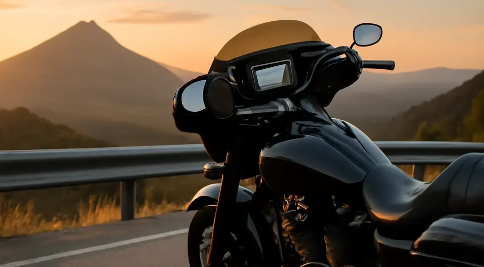 A modern cruiser motorcycle showcasing an integrated fairing stereo system with sleek design and advanced audio technology.