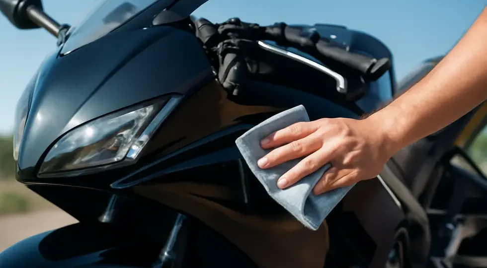 A motorcycle fairing with a spotless surface post sticker residue removal, demonstrating the effectiveness of proper cleaning methods.