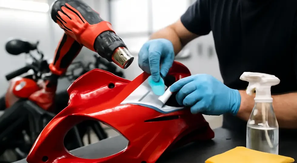 Professional sticker removal from a motorcycle fairing in a workshop, emphasizing careful cleaning and surface protection.