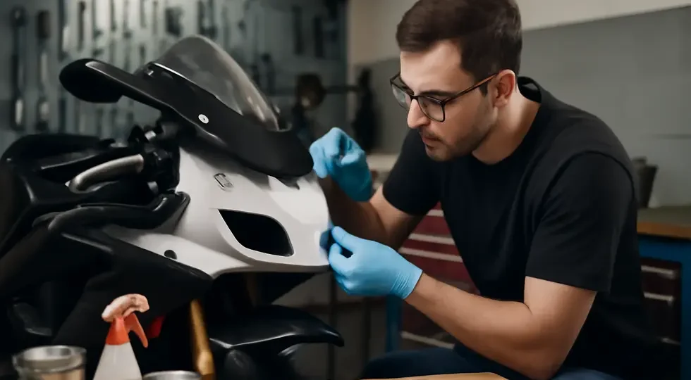 Professional motorcycle fairing touch-up in progress, showcasing detailed repair and painting in a modern workshop.