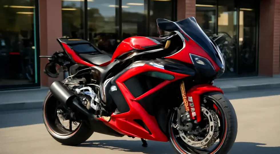 High-quality aftermarket motorcycle fairings displayed on a sportbike outside a dealership, showcasing material, fit, and design excellence.
