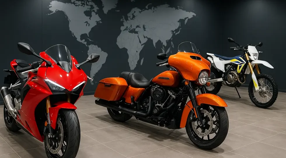 Showroom with diverse motorcycles showcasing premium fairings from leading global suppliers.