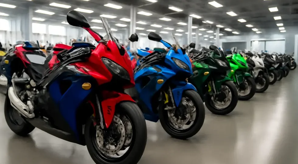 Motorcycle showroom showcasing bright, custom-fitted fairings from leading suppliers.