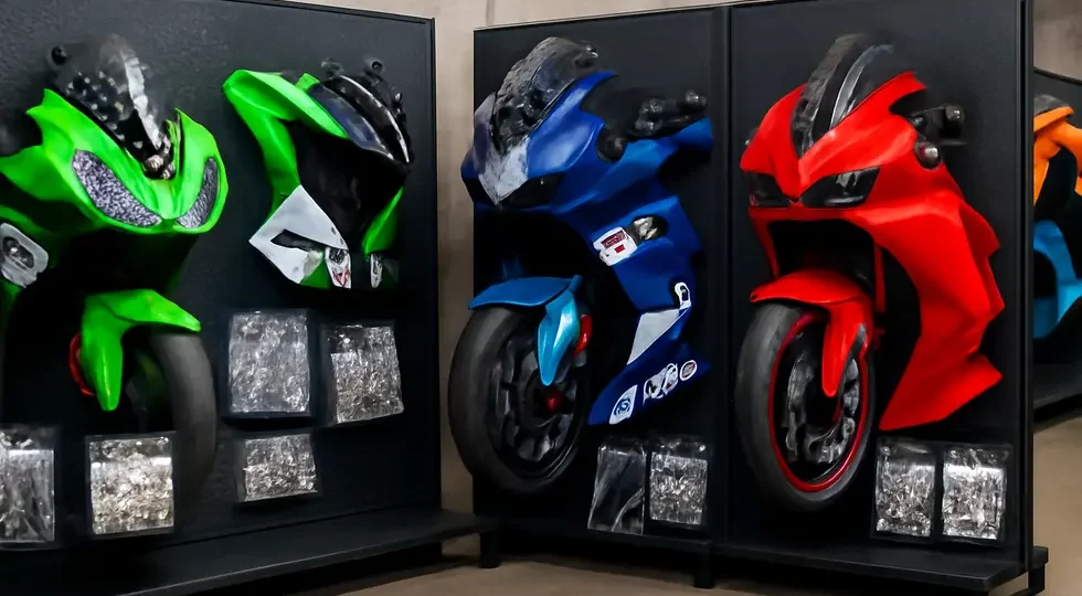A professional workshop showcasing a wide selection of motorcycle fairings for business purchase decisions.