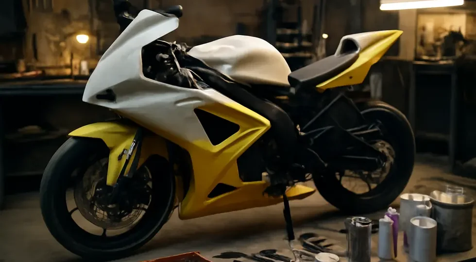 Motorcycle undergoing fairing installation combining custom fabrication and professional finishing in a dedicated workshop.