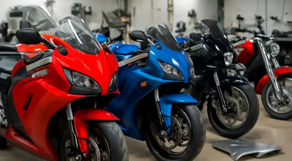 A diverse range of motorcycles fitted with vibrant fiberglass fairings showcasing craftsmanship and customization potential.