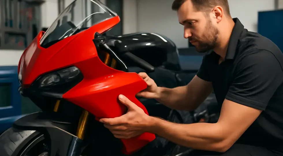 Precision installation of a genuine OEM motorcycle fairing in a professional workshop highlighting quality and fit.