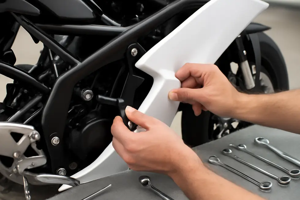 Technician carefully removing existing motorcycle fairings and components while ensuring parts remain undamaged.