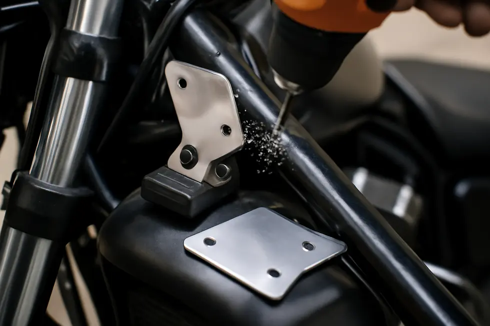 A motorcycle staged on a stable surface with old fairing parts removed and tools organized for the installation process.