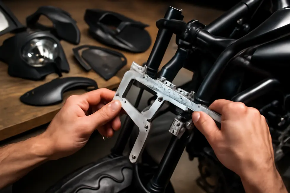 Mechanic systematically removes old fairings and organizes mounting hardware for efficient repair preparation.