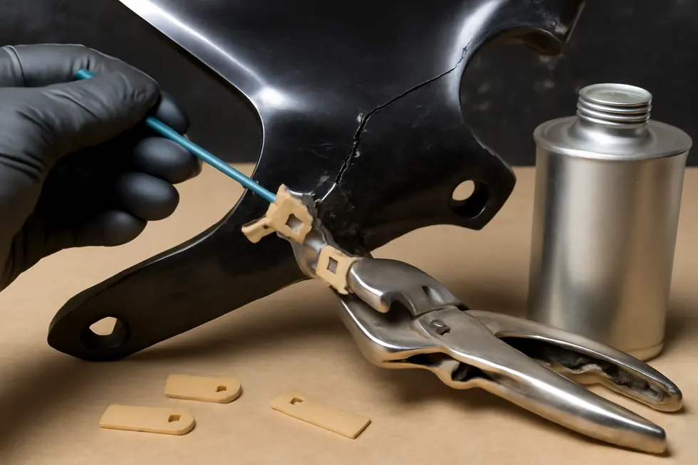 A technician repairing a cracked motorcycle fairing using a plastic welding staple kit to restore material strength.