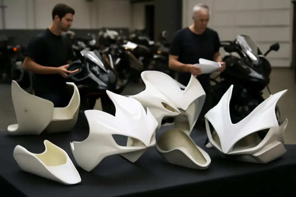 Custom fibreglass fairings on a racing motorcycle demonstrating aerodynamic design and lightweight construction.