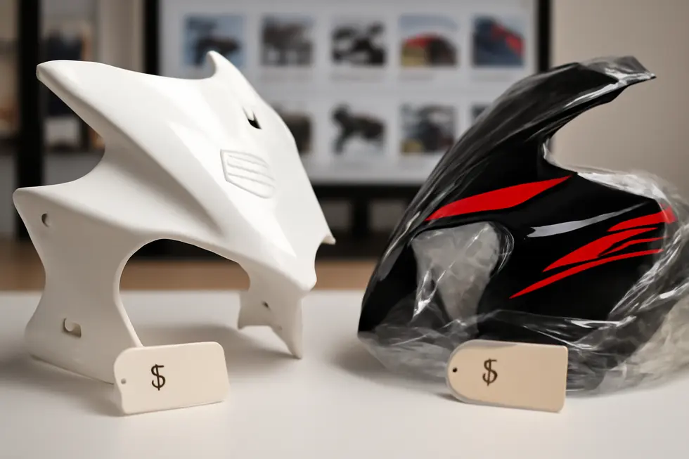 A diverse display of motorcycle fairings including full kits, individual parts, and custom-painted options available on eBay.