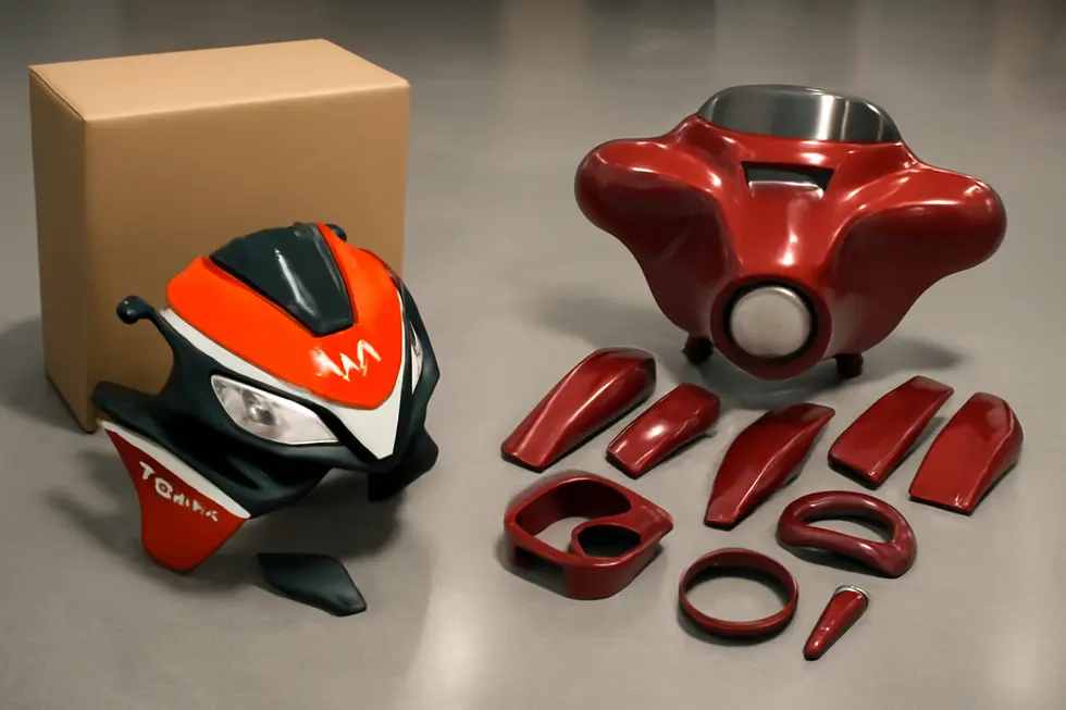 An assortment of motorcycle fairing parts highlighting key components made from durable ABS plastic and OEM-style precision.