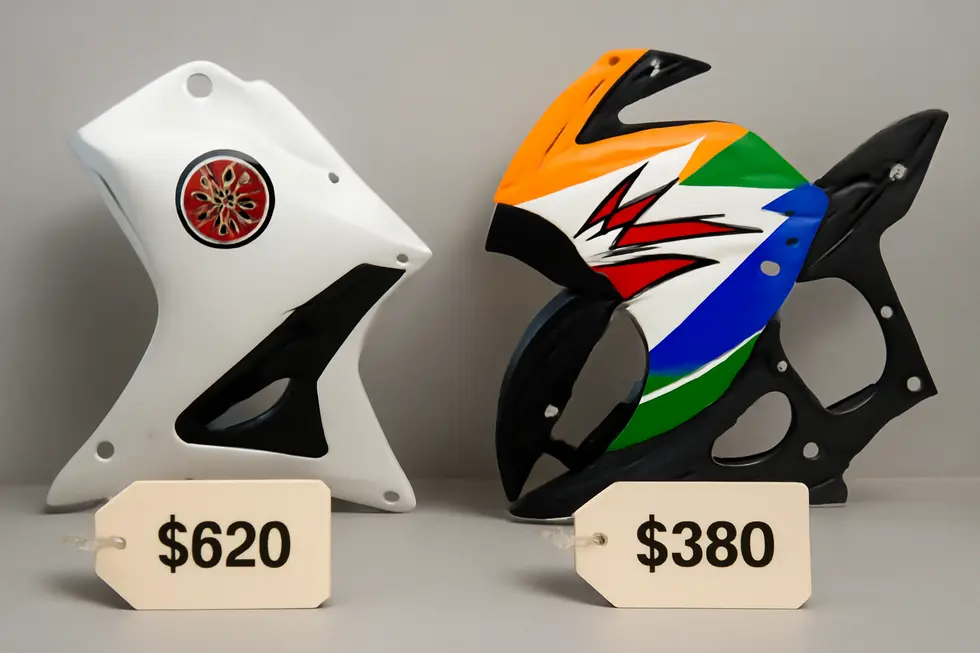 Different materials and types of motorcycle fairings with price indicators highlight cost impact.