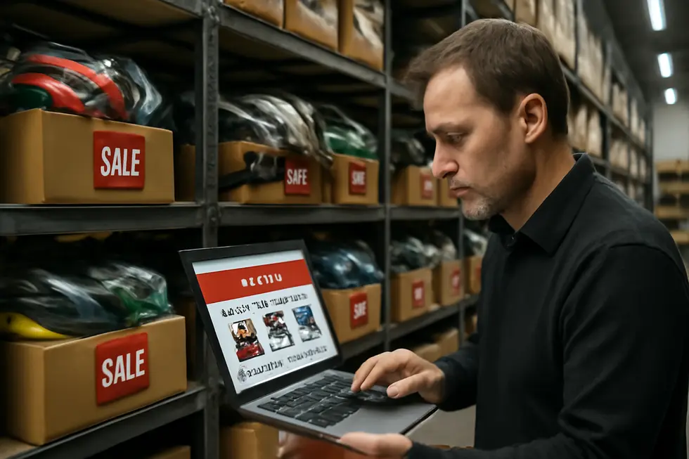 Business owner navigating discount promotions on motorcycle fairings via an online retailer dashboard.