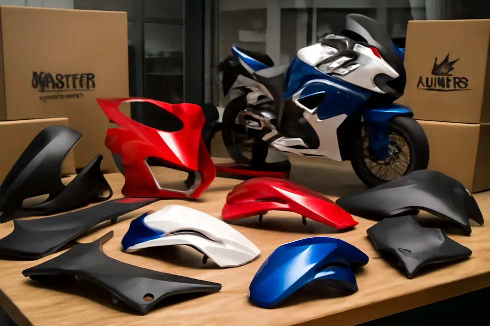 A range of Honda motorcycle fairing parts highlighting material diversity and brand packaging.