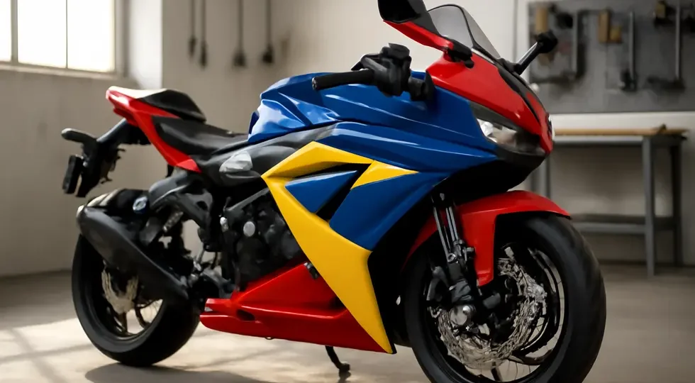 A beautifully painted motorcycle with glossy fairings showcasing expert painting and finishing work in a professional workshop.